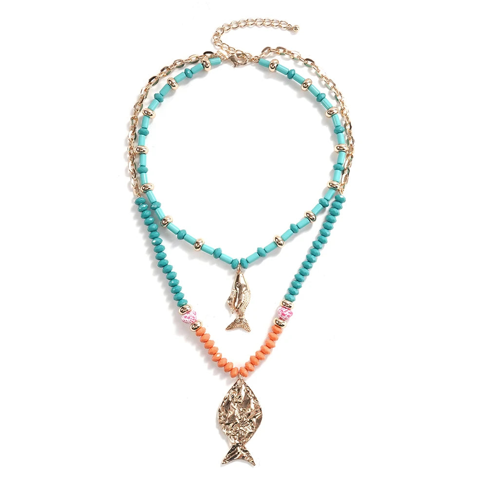 Bohemian Fish Pendant Layered Necklace for Women – Turquoise Beaded Gold Chain
