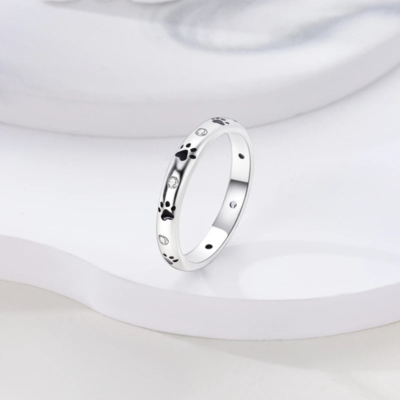 925 Sterling Silver Paw Print Ring – Minimalist Zircon Ring for Women