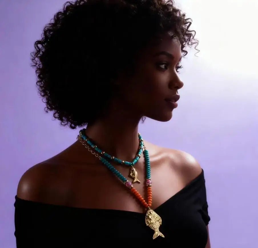 Bohemian Fish Pendant Layered Necklace for Women – Turquoise Beaded Gold Chain