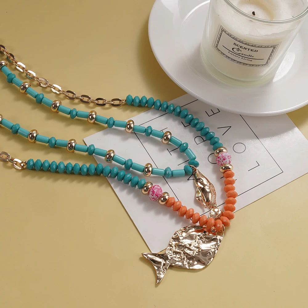 Bohemian Fish Pendant Layered Necklace for Women – Turquoise Beaded Gold Chain