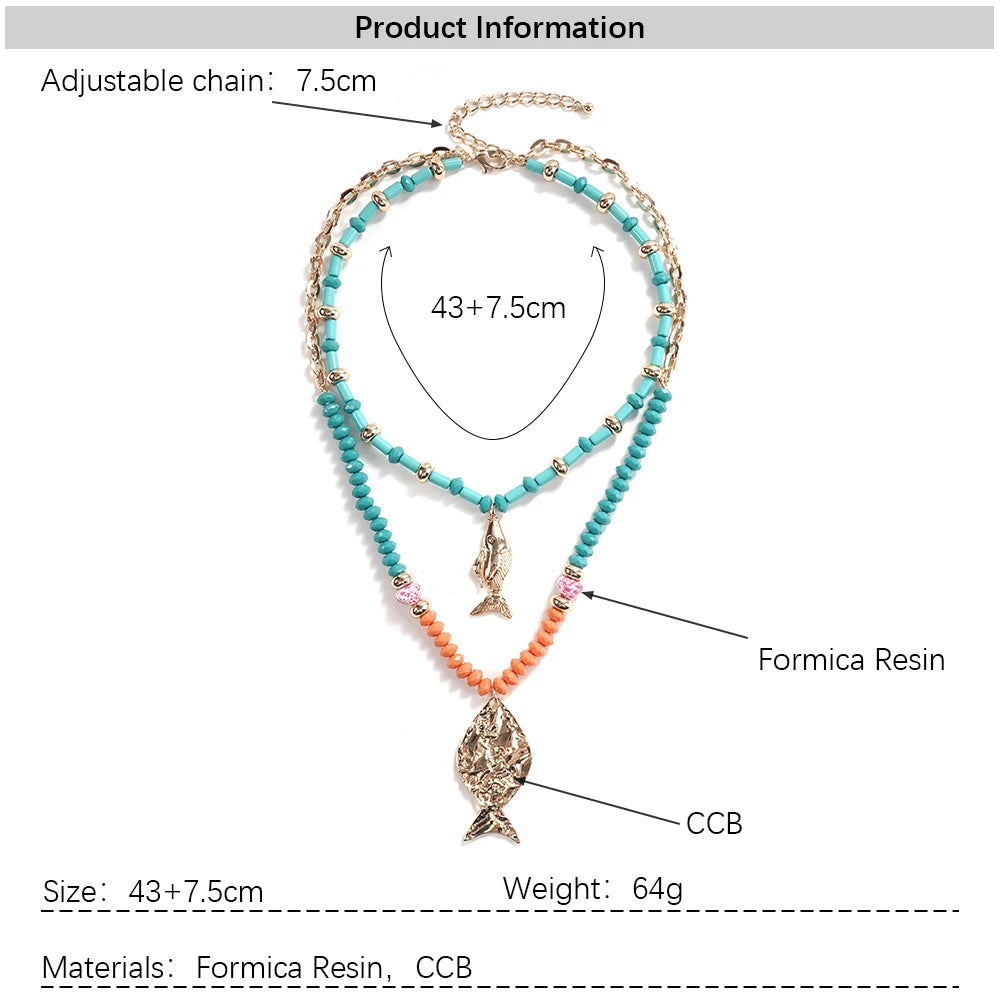 Bohemian Fish Pendant Layered Necklace for Women – Turquoise Beaded Gold Chain