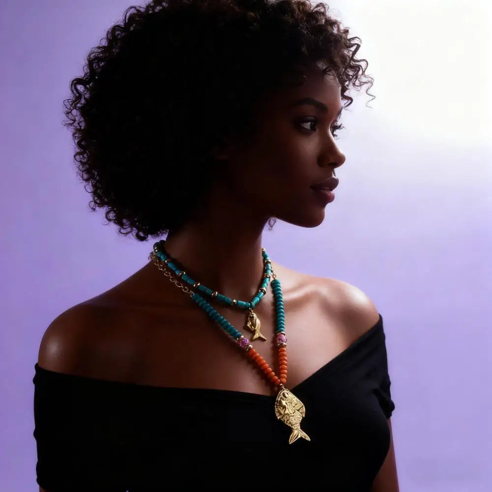 Bohemian Fish Pendant Layered Necklace for Women – Turquoise Beaded Gold Chain