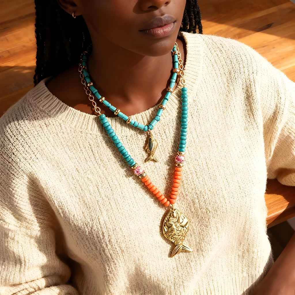 Bohemian Fish Pendant Layered Necklace for Women – Turquoise Beaded Gold Chain