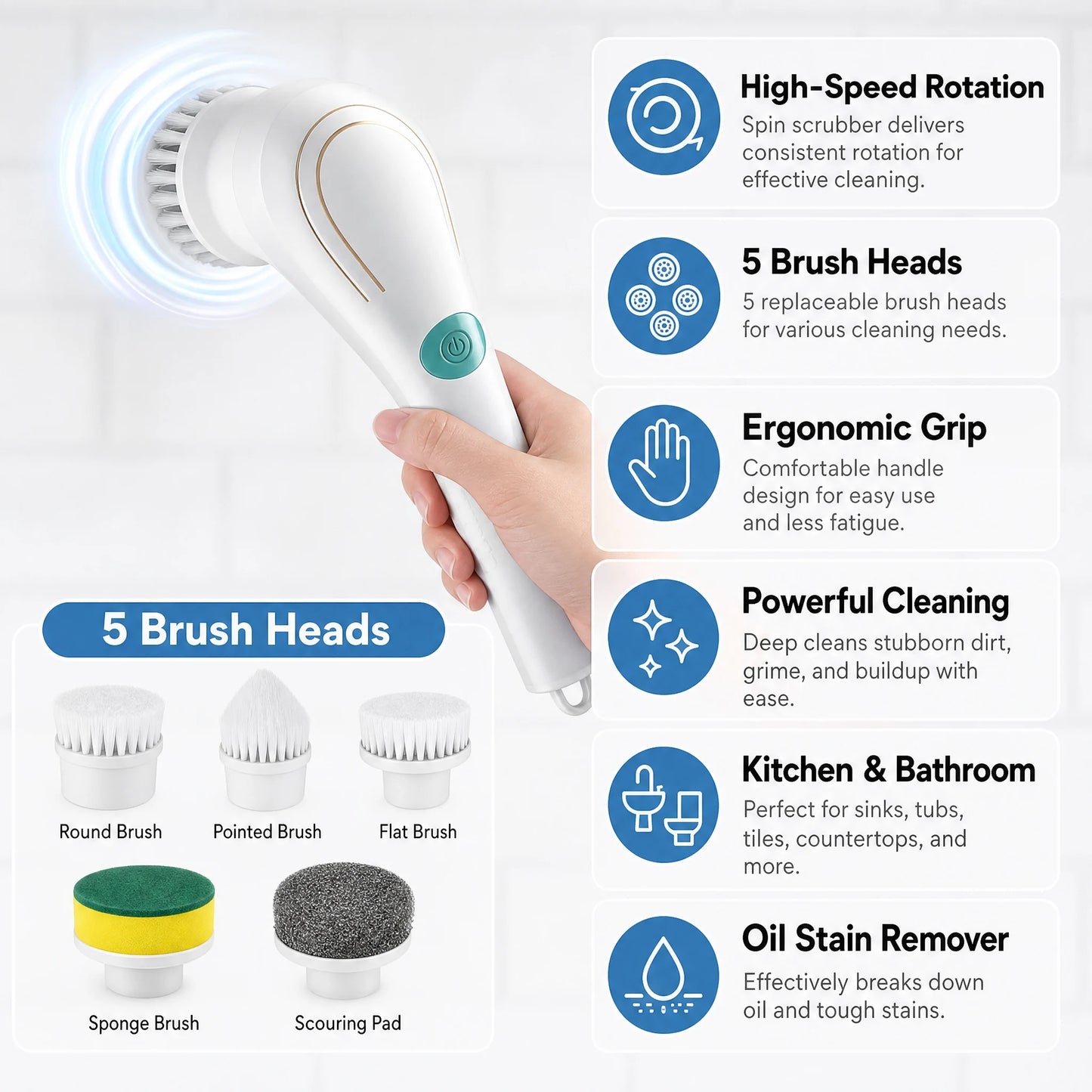 Electric Spin Scrubber – 5-in-1 Interchangeable Brush Heads, Powerful Motor, Ergonomic Handle