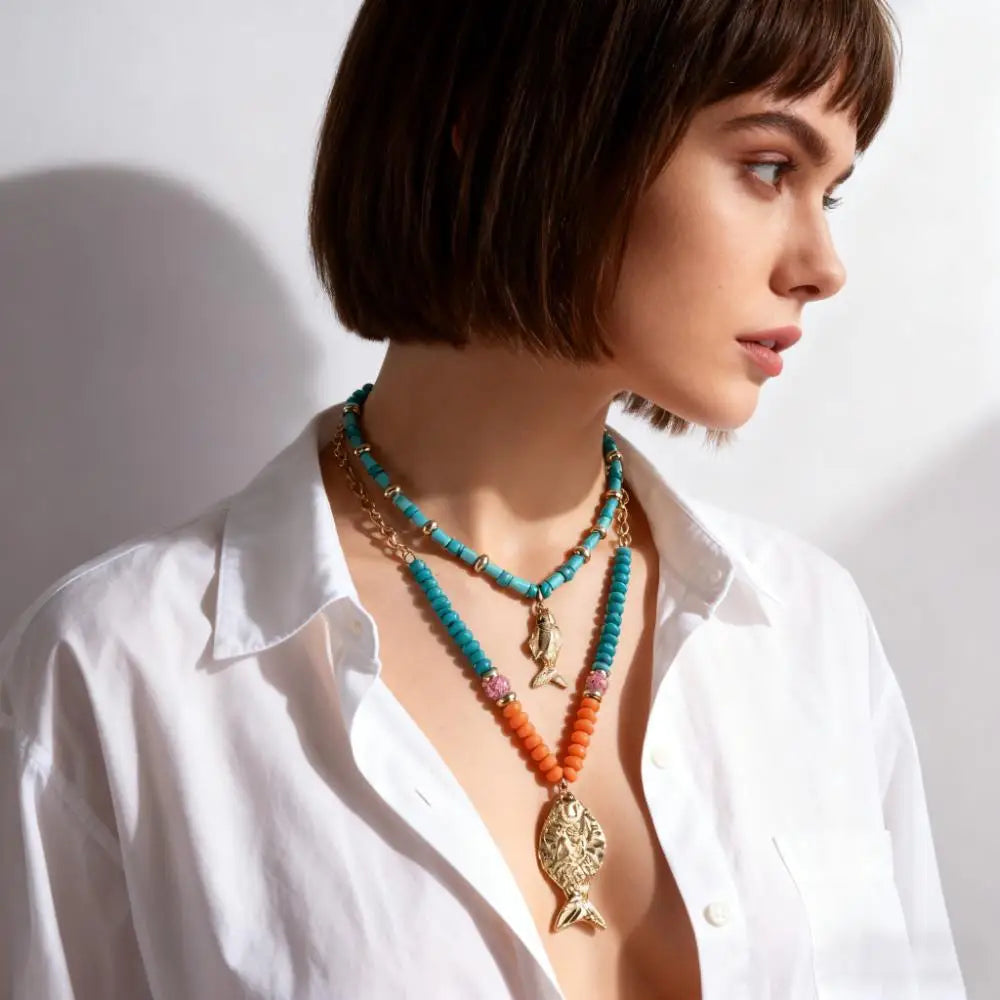 Bohemian Fish Pendant Layered Necklace for Women – Turquoise Beaded Gold Chain