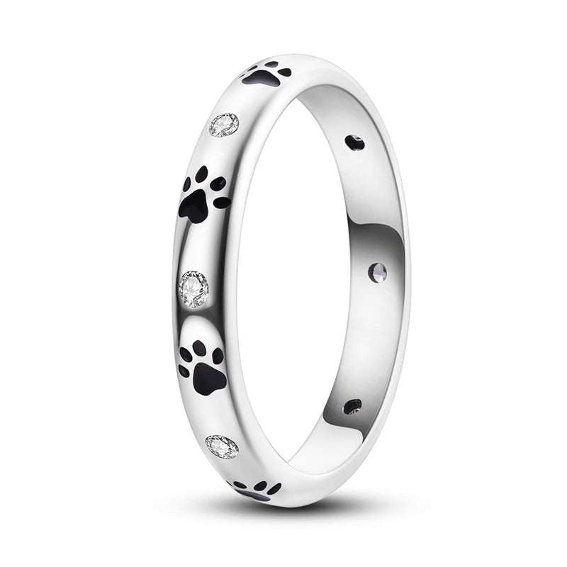 925 Sterling Silver Paw Print Ring – Minimalist Zircon Ring for Women