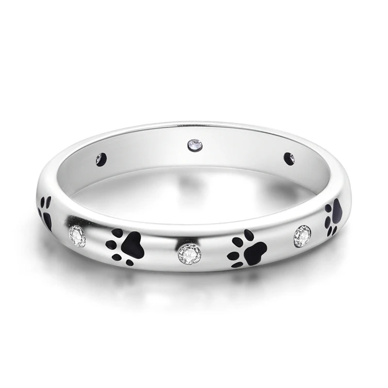 925 Sterling Silver Paw Print Ring – Minimalist Zircon Ring for Women