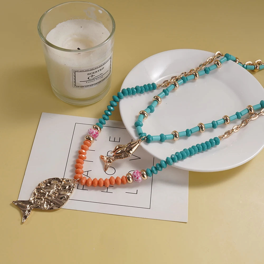 Bohemian Fish Pendant Layered Necklace for Women – Turquoise Beaded Gold Chain