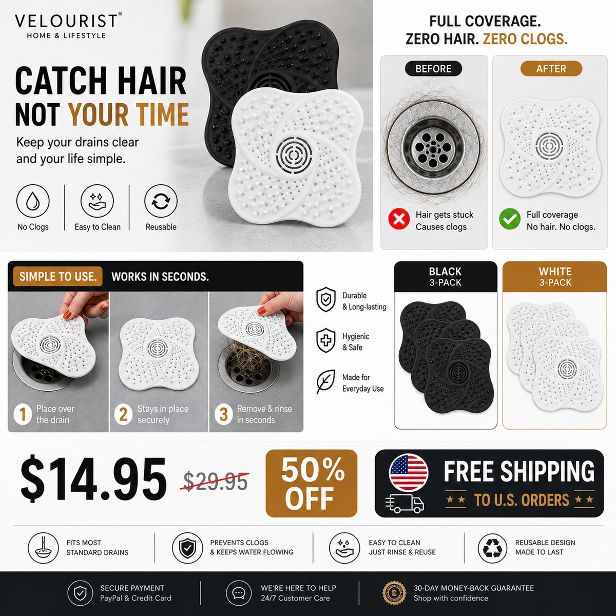 Anti-Clog Hair Catcher – Reusable Drain Strainer for Shower & Sink
