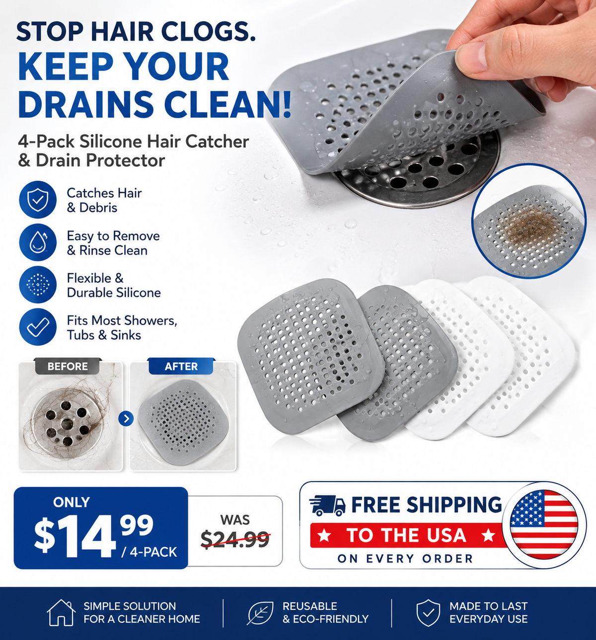 4-Pack Silicone Hair Catcher & Drain Protector – Shower & Sink