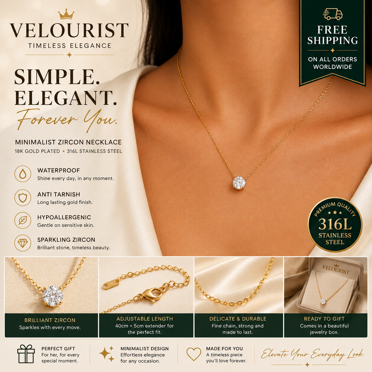 Minimalist Gold Zircon Necklace – 18K PVD Gold Plated 316L Stainless Steel | Waterproof | Anti Tarnish | Everyday Luxury