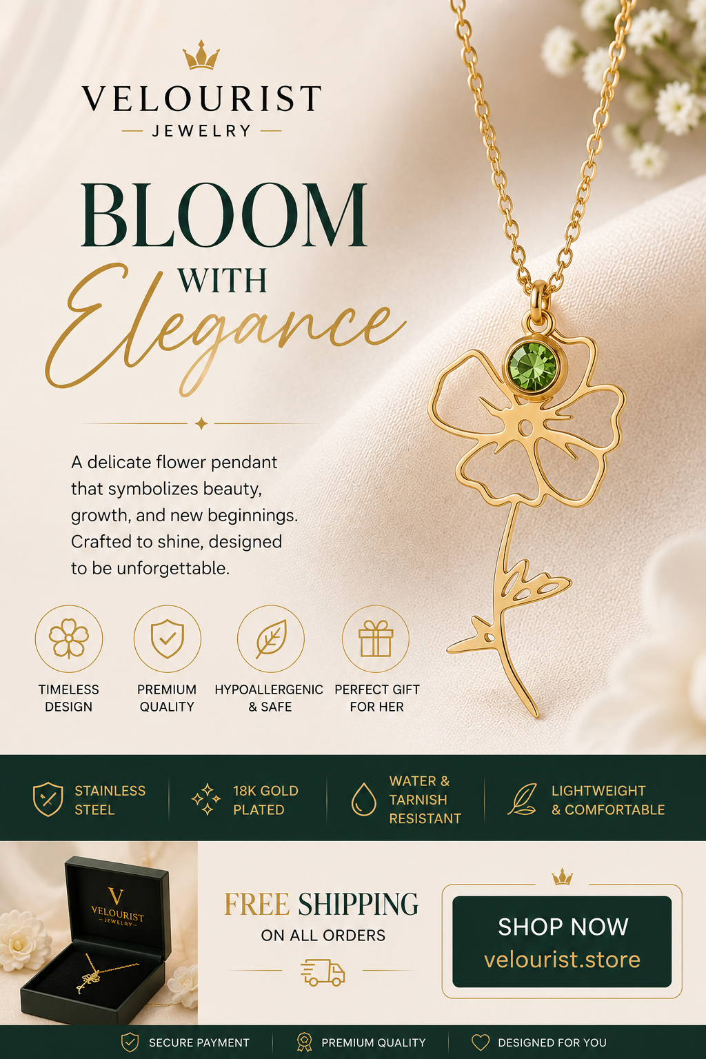 Luxury Gold Rose Flower Necklace for Women | Stainless Steel Floral Pendant | Elegant Birthday Gift for Her